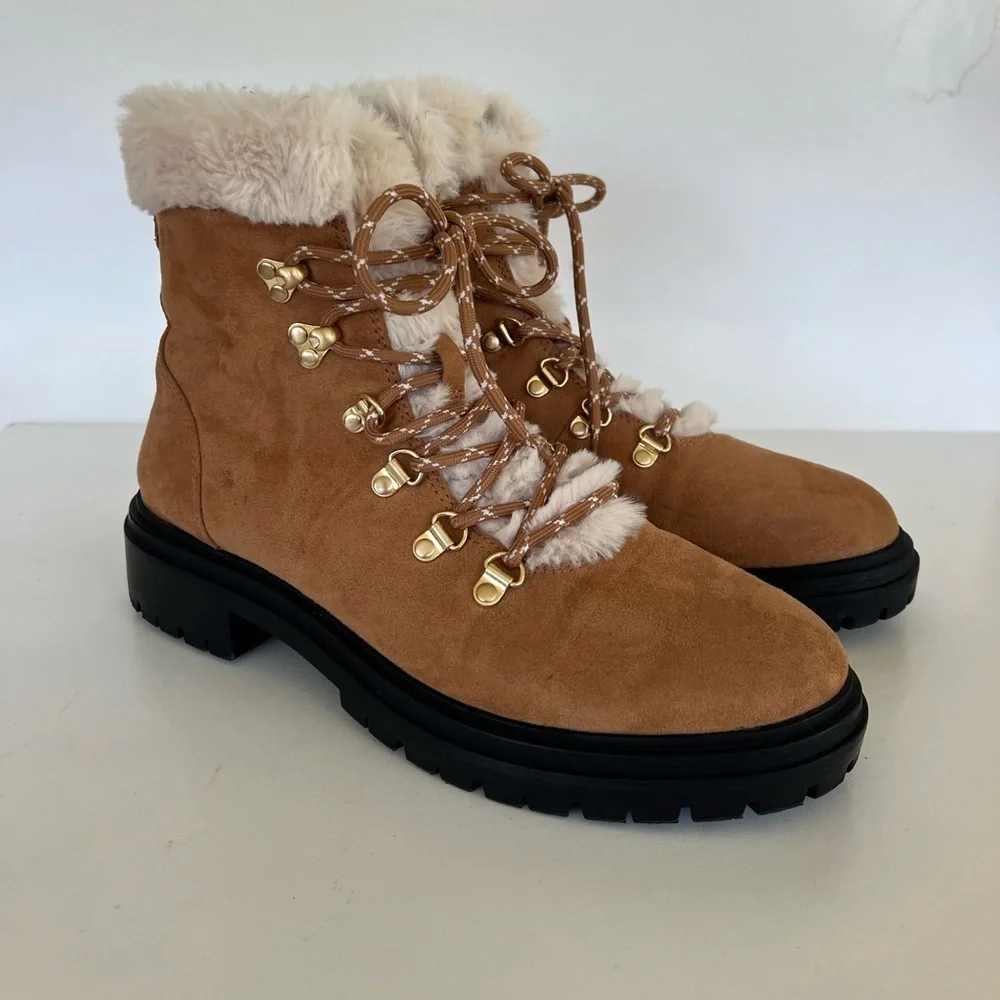 J. Crew Factory Faux-Fur Lace Up Winter Hiking Boots in Chestnut Brown, size 9